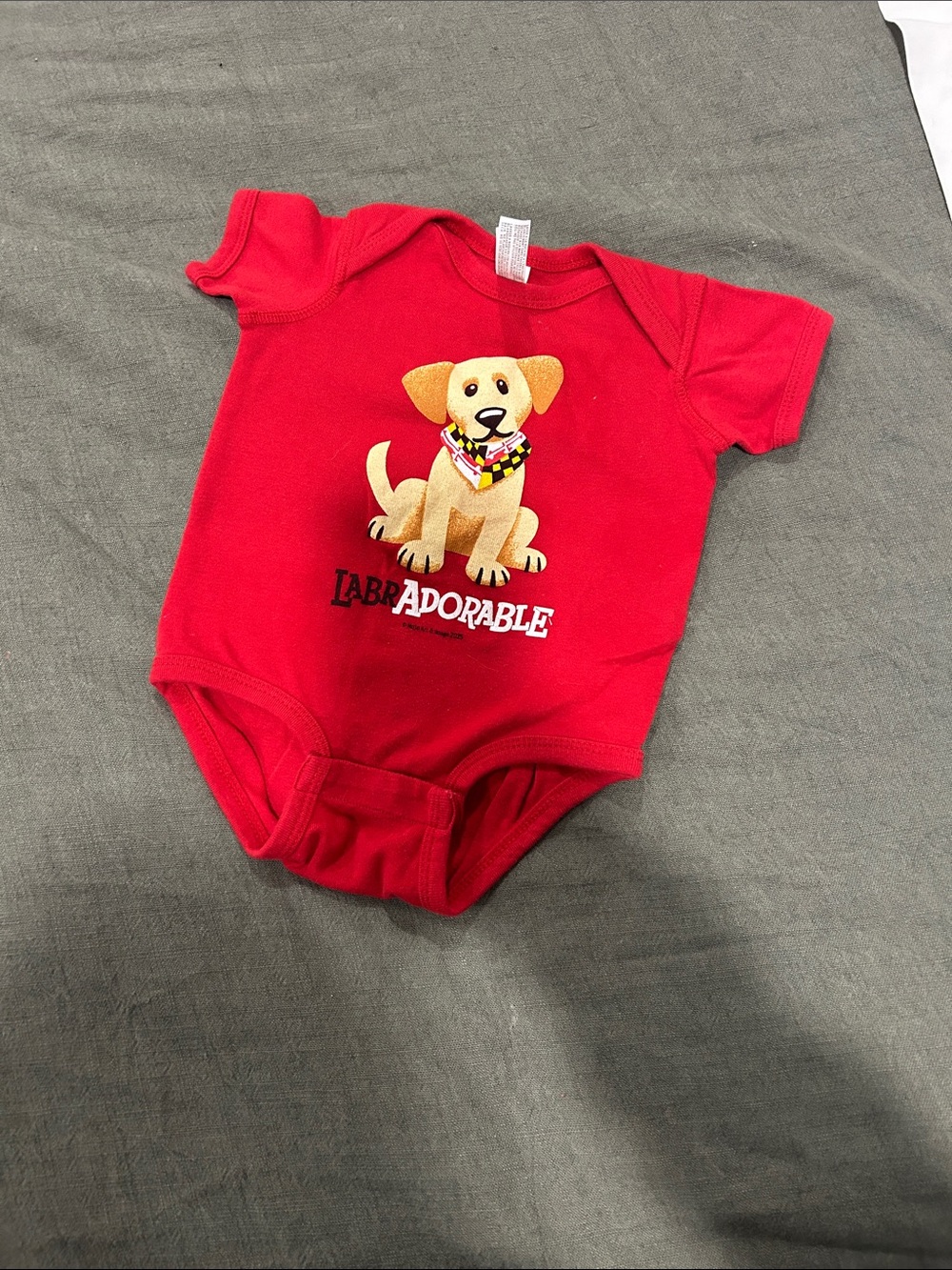 Red Baby Onesie with Puppy Graphic - "Labradorable"